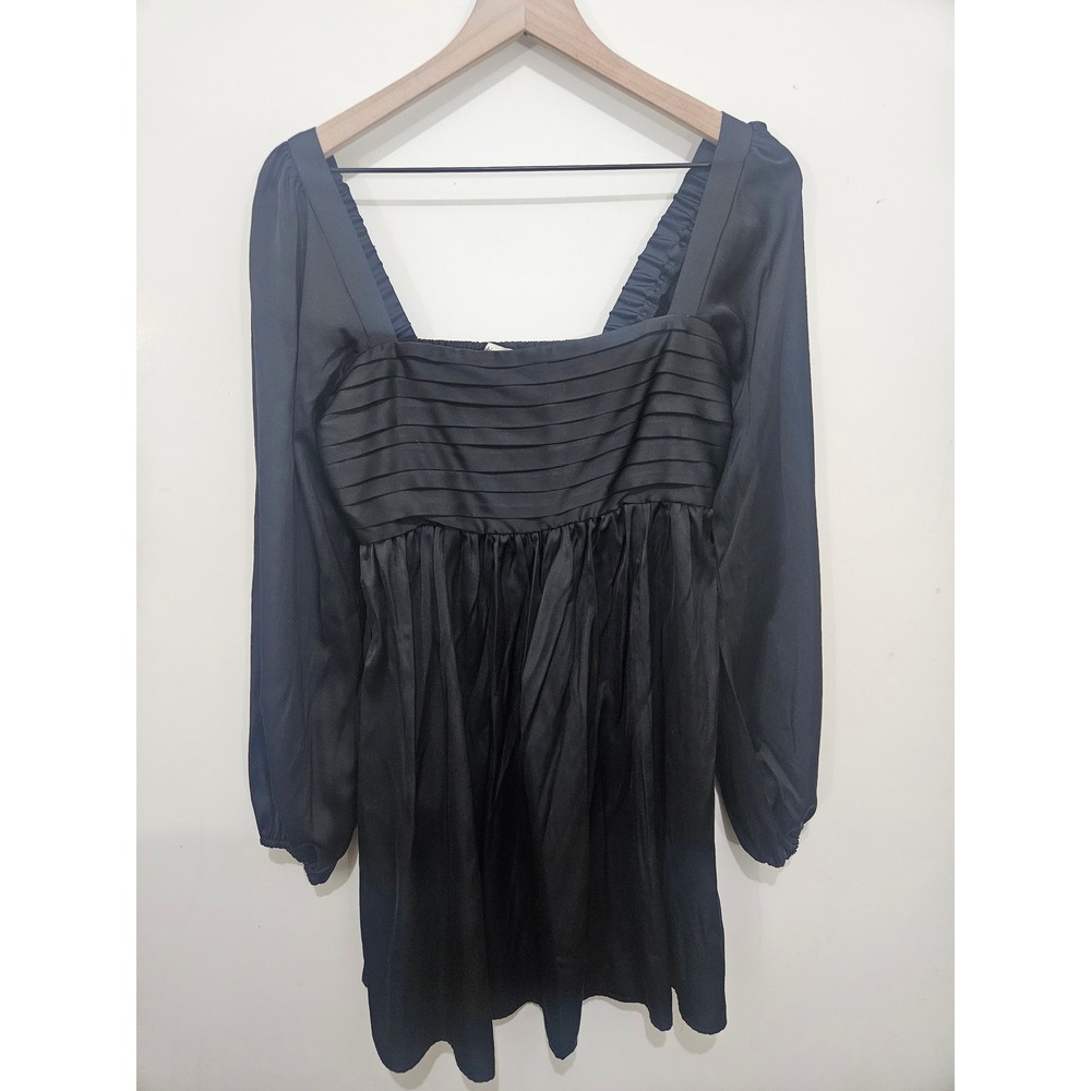 Abercrombie & Fitch Black Satin Babydoll Mini Dress Sheer Sleeve Y2K ST